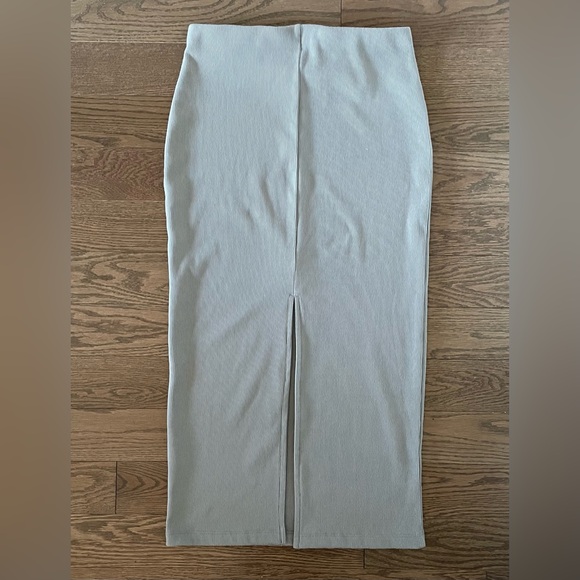 Back Slit Pencil Skirt - Stretch Rib Jersey Knit - Midi - Bodycon - Light Grey - Picture 7 of 13